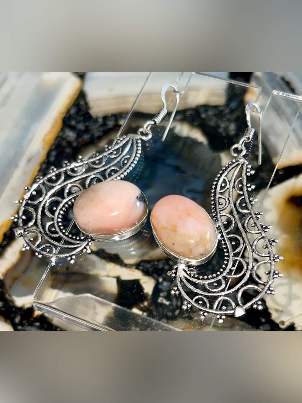 Pink & Brown Peruvian Opal Crystal Earrings 2 1/2”